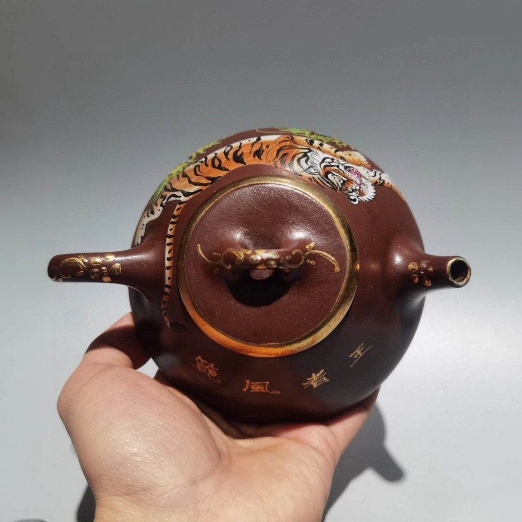 Yixing Purple Clay Teapot Hand-Coiled Ceremony Drainer Enameled Gilded Sculpted