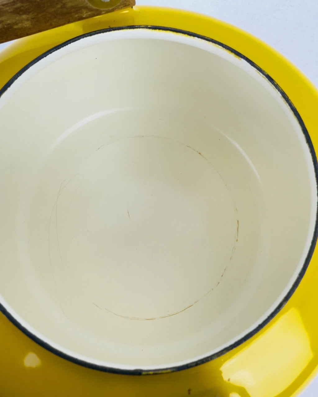 Vintage Yellow Enamel Teapot Tea Kettle MCM Teak Wood Handle