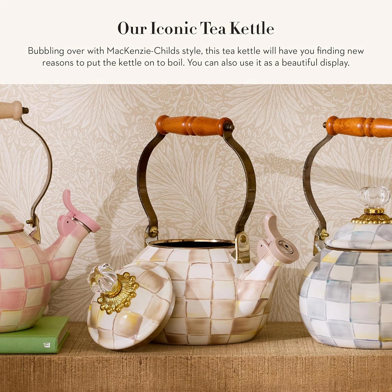 Enamel Whistling Tea Kettle, Decorative Teapot for Stovetop, Brown-And-White Moc