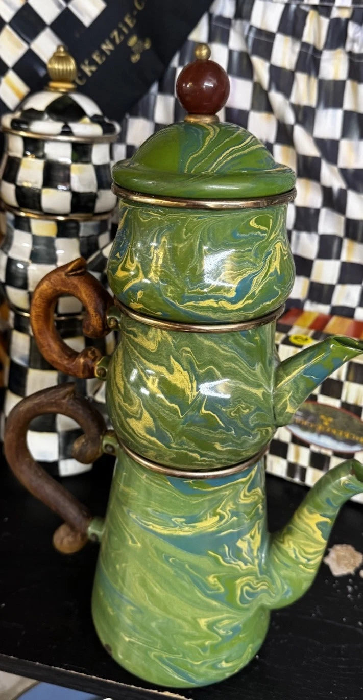 MacKenzie Childs Stacked Camp Green Swirl Enamel Teapot Cream & Sugar High tea