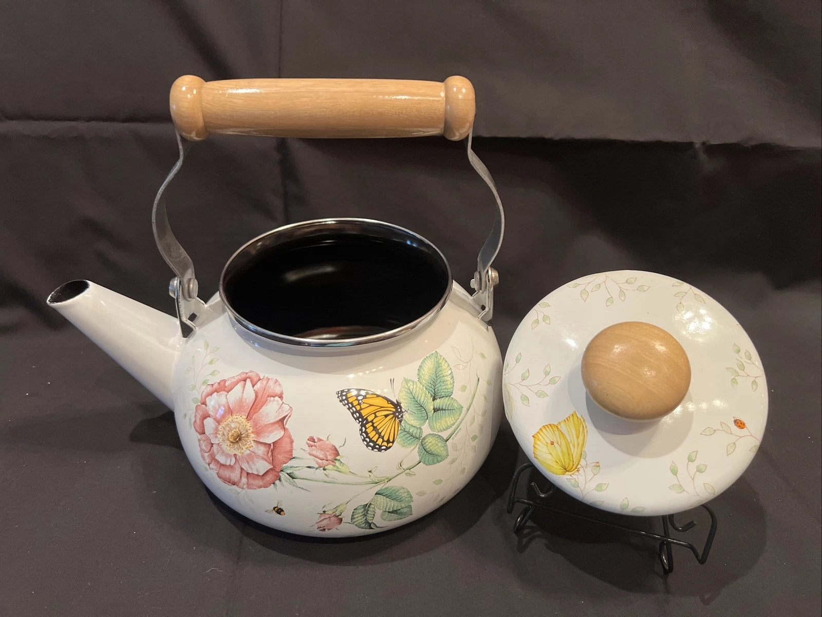 Lenox Butterfly Meadow Floral Enamel Tea Pot Teapot Kettle with Minor Issues