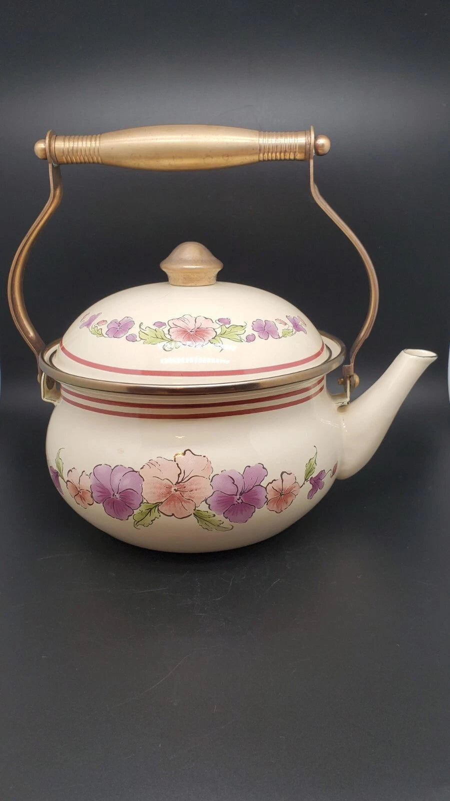 Tea Kettle Purple & Pink Flowers Brass Handle Porcelain Granny Core Cottage Core