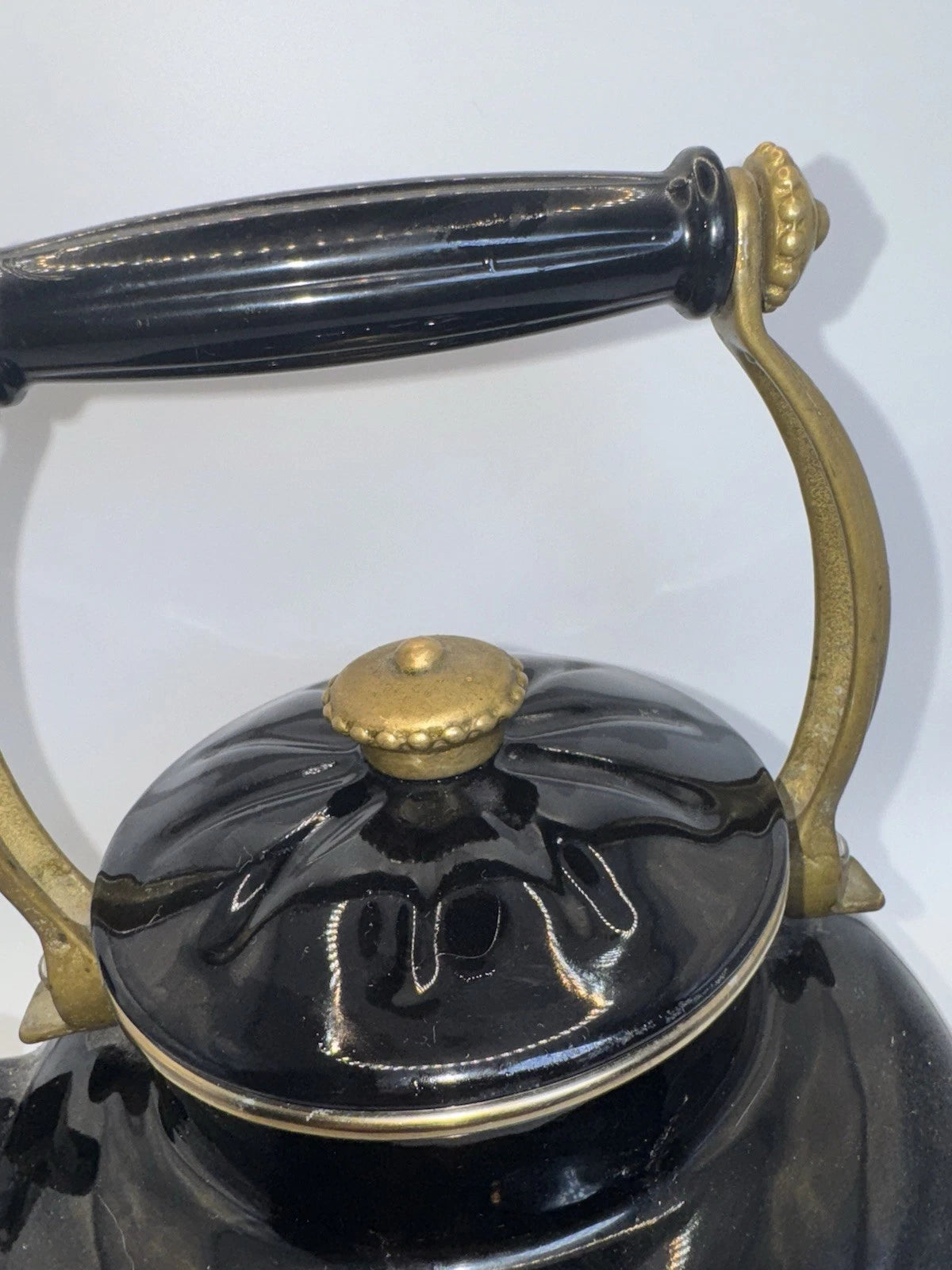 Vintage Black Enamel Tea Kettle with Brass Handle & Lid Farmhouse Kitchen Decor