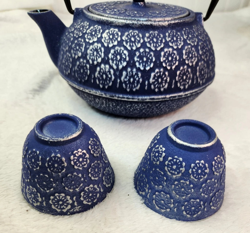 PRIMULA 34oz Blue Floral TEAPOT And Cups Cast Iron , Mesh tea Infuser Enamel New