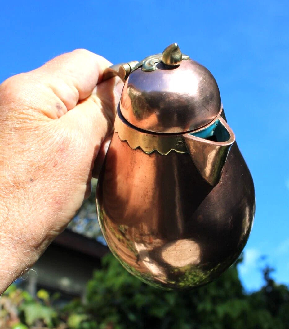 Antique Tea Pot Blue Enamel Chinese Solid Copper w/Brass Handle 6.25" Vintage