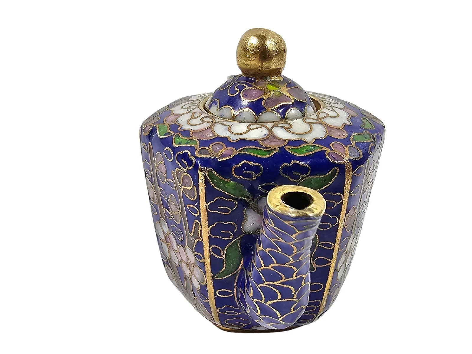 Enamel Cloisonne Miniature Blue Flower Teapot Figure