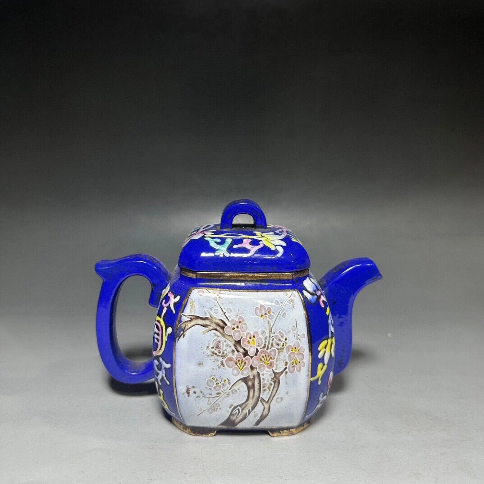 Purple Clay Teapot Gongfu Strainers Zisha Sculpture Square Chamfered Enamel Hand