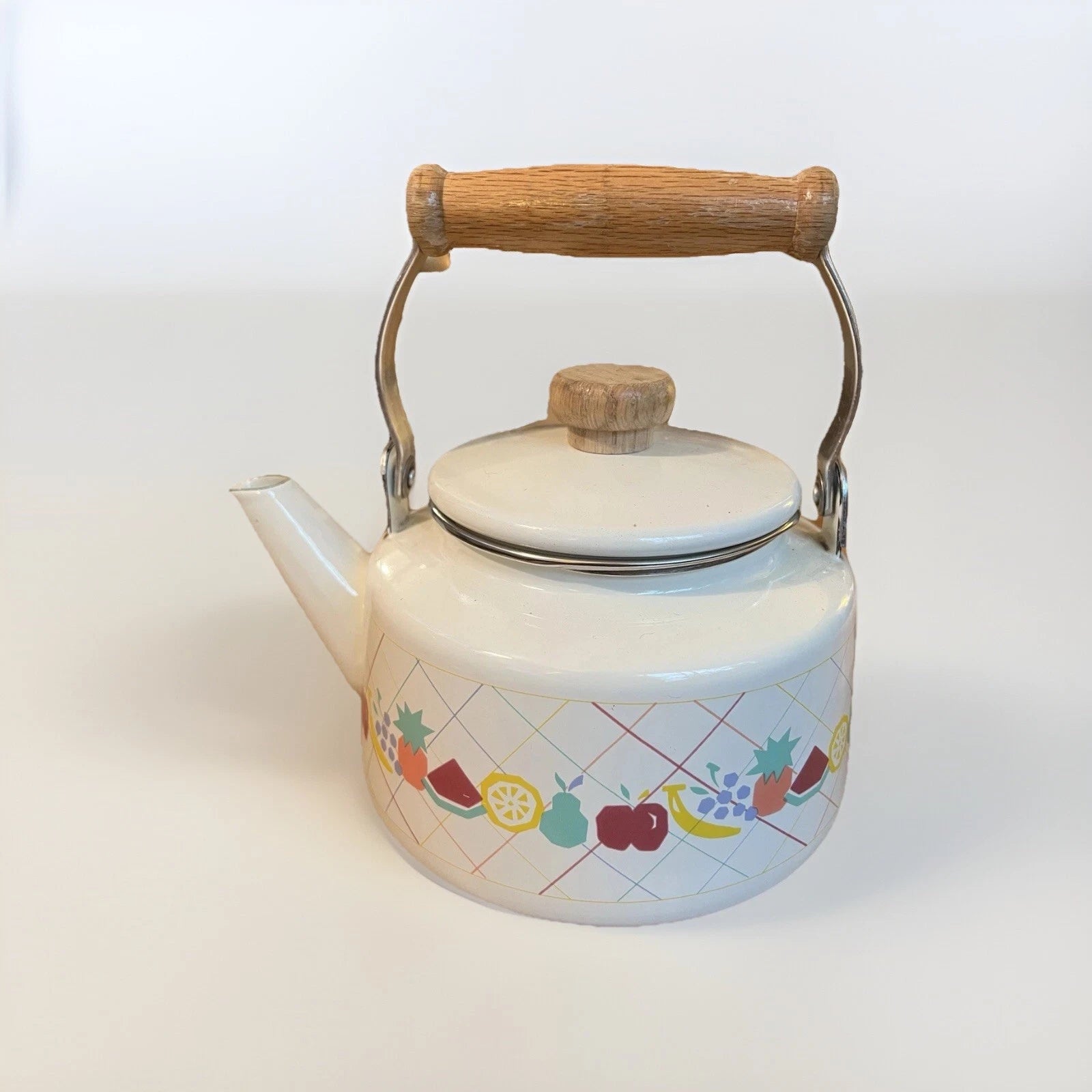 Vintage Lincoware White Enamel Metal Fruit Motif Teapot Tea Kettle Pot Retro