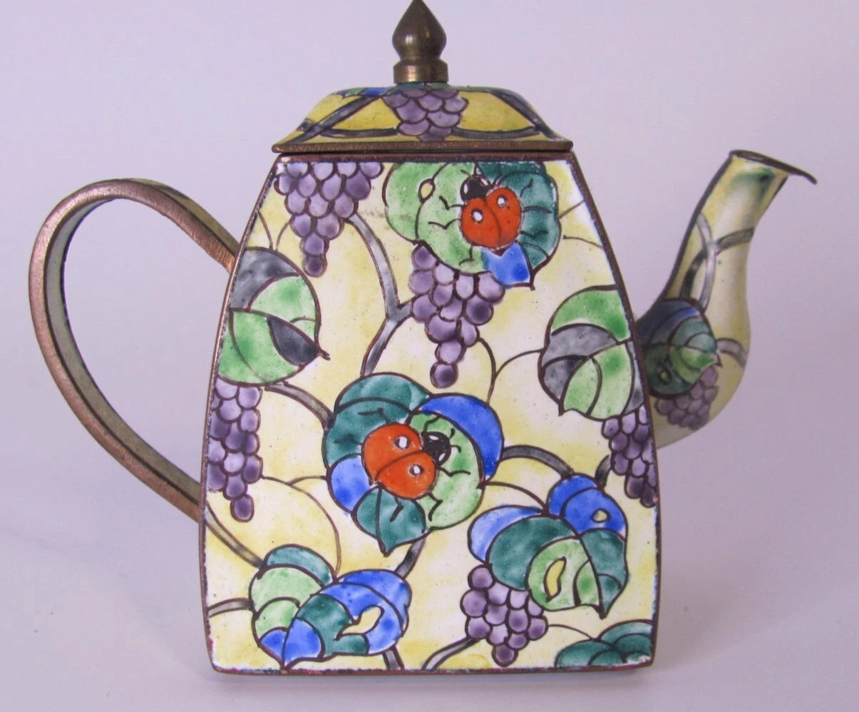 Enamel Mini Teapot yellow with flowers, 2''x1"1/2x3" excellent condition
