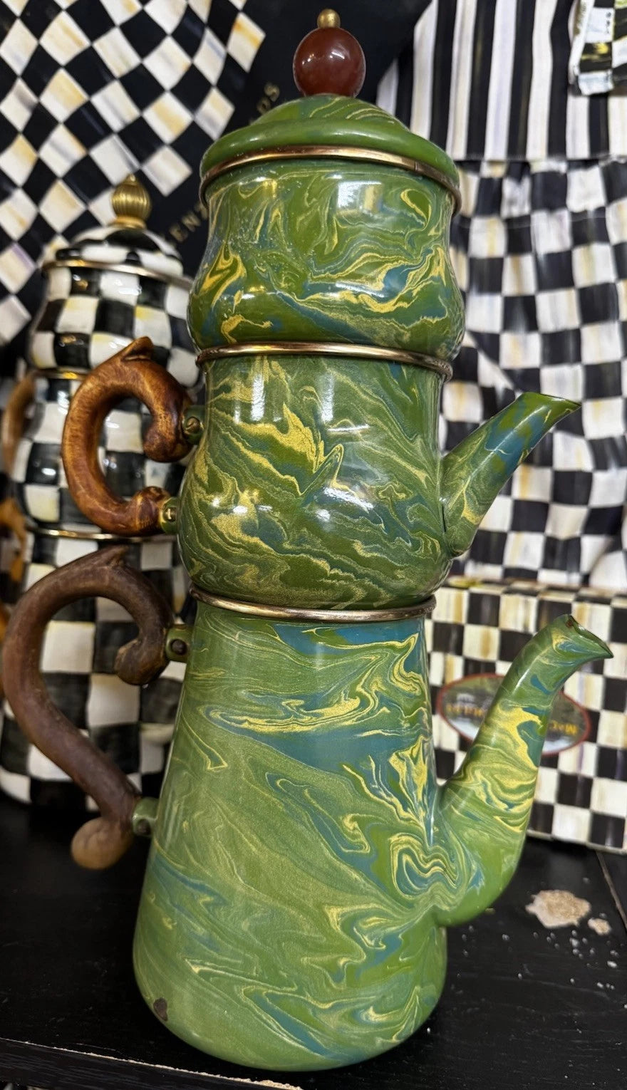 MacKenzie Childs Stacked Camp Green Swirl Enamel Teapot Cream & Sugar High tea
