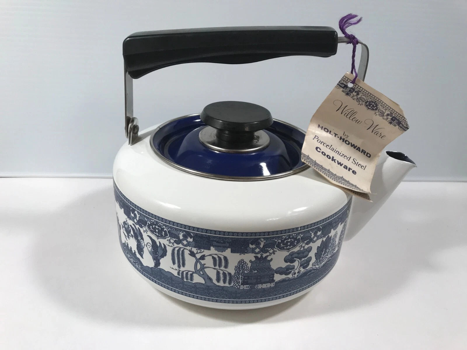 Vintage Blue Willow TEA KETTLE Howard Holt Porcelainized Steel Enamelware 1960's