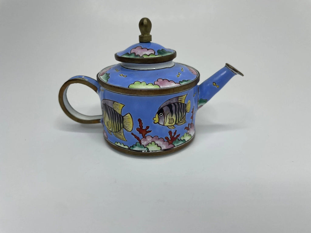 Vintage Blue Tropical Fish Pattern Enamel on Copper Miniature Teapot