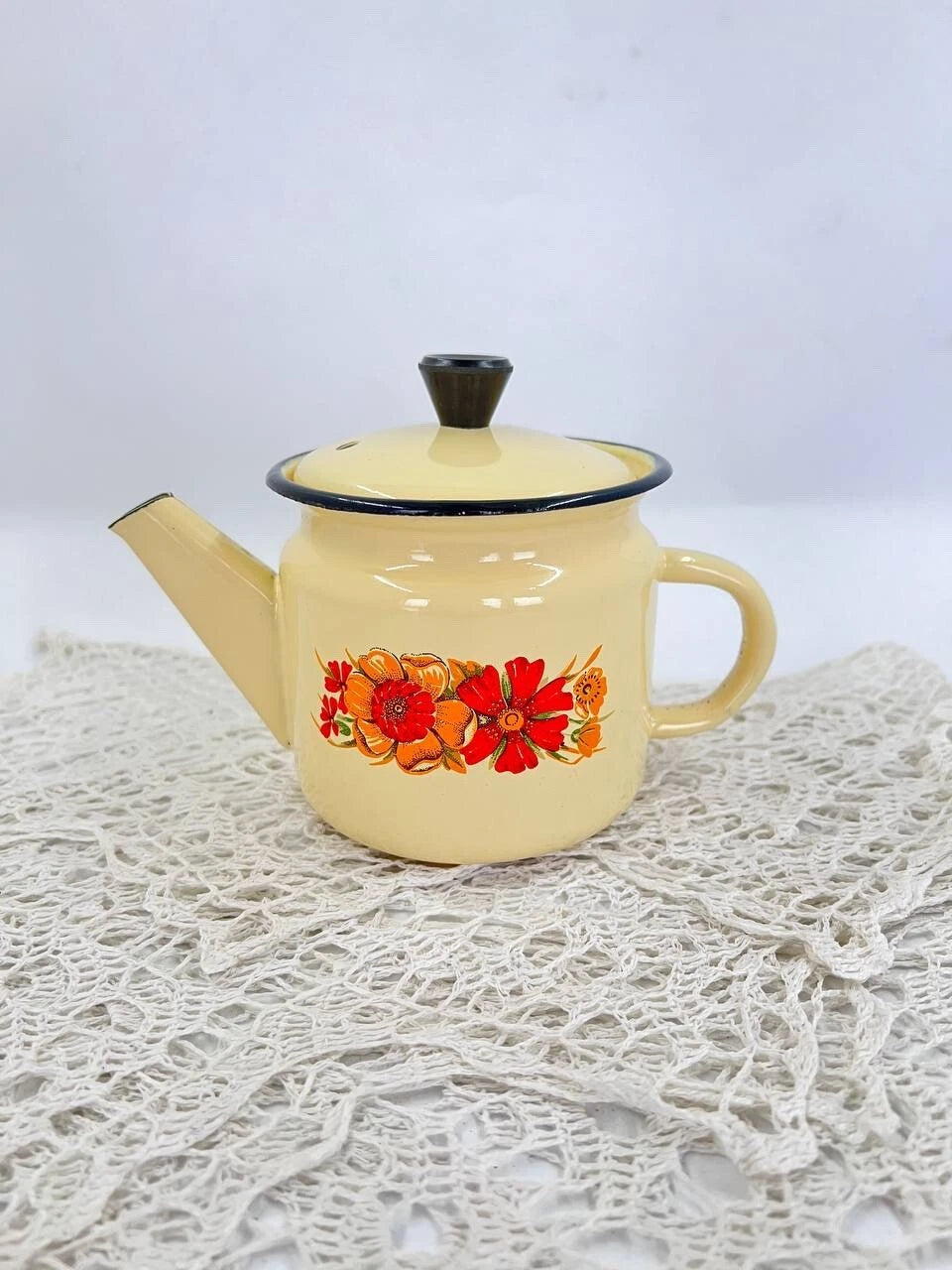 Vintage yellow enameled kettle pitcher 0.5 l Kitchen enamel coffee pot Metal tea