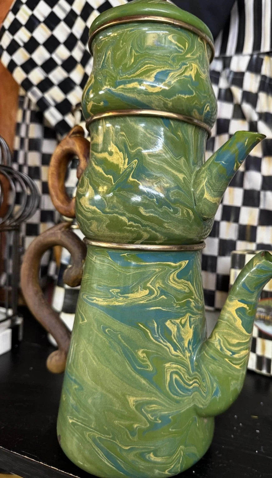 MacKenzie Childs Stacked Camp Green Swirl Enamel Teapot Cream & Sugar High tea