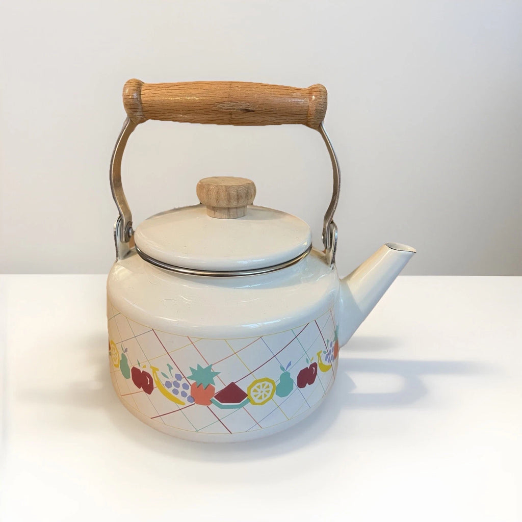 Vintage Lincoware White Enamel Metal Fruit Motif Teapot Tea Kettle Pot Retro