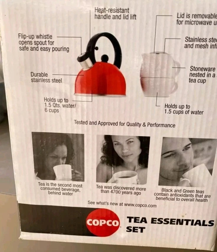 Copco Tea Essentials 3pc Set Tea Kettle Teapot Cup Vintage Red New Open Box