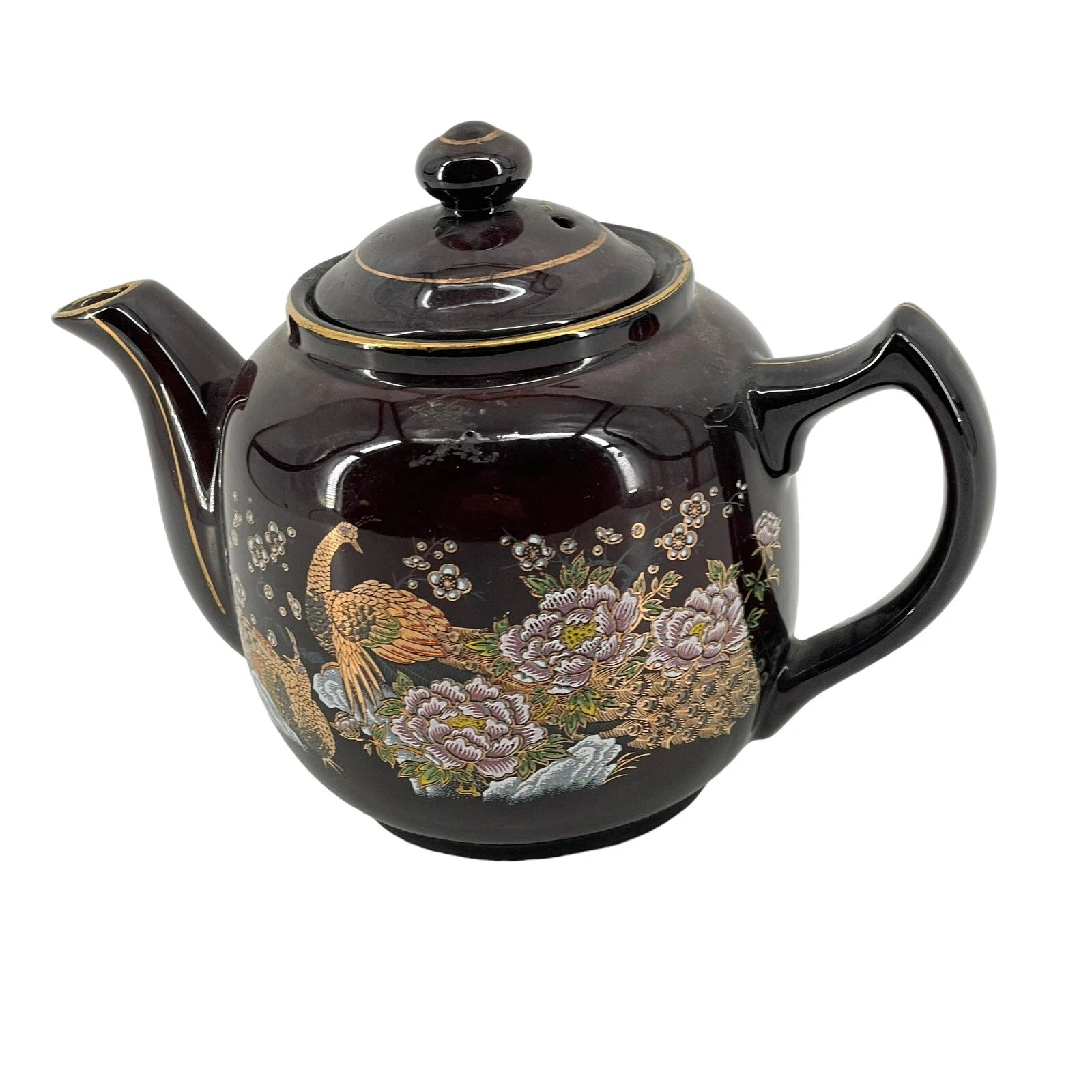 Vintage Japan Moriage Teapot – Burgundy Redware w Peacock & Floral Raised Enamel