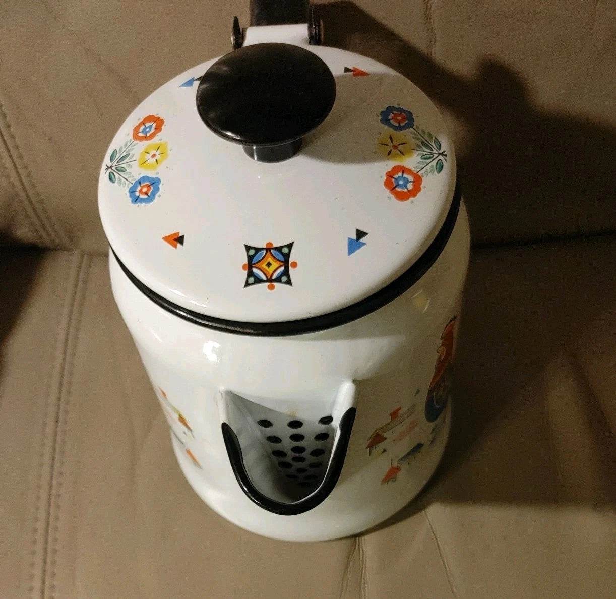 Vintage BERGGREN Enamel Coffee Pot Kettle Swedish Rooster Flower EXQUISITE Shape