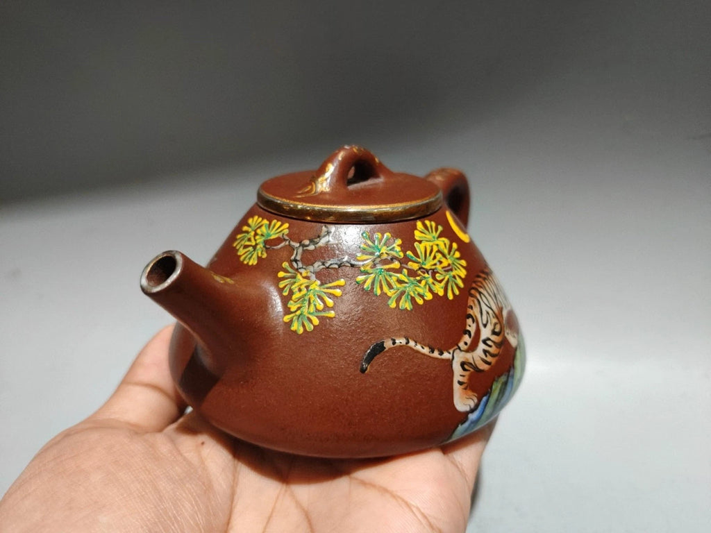 Yixing Zisha Pot Scholarly Aesthetic Kettle Ceramic Enameled Gilded Carved Tiger
