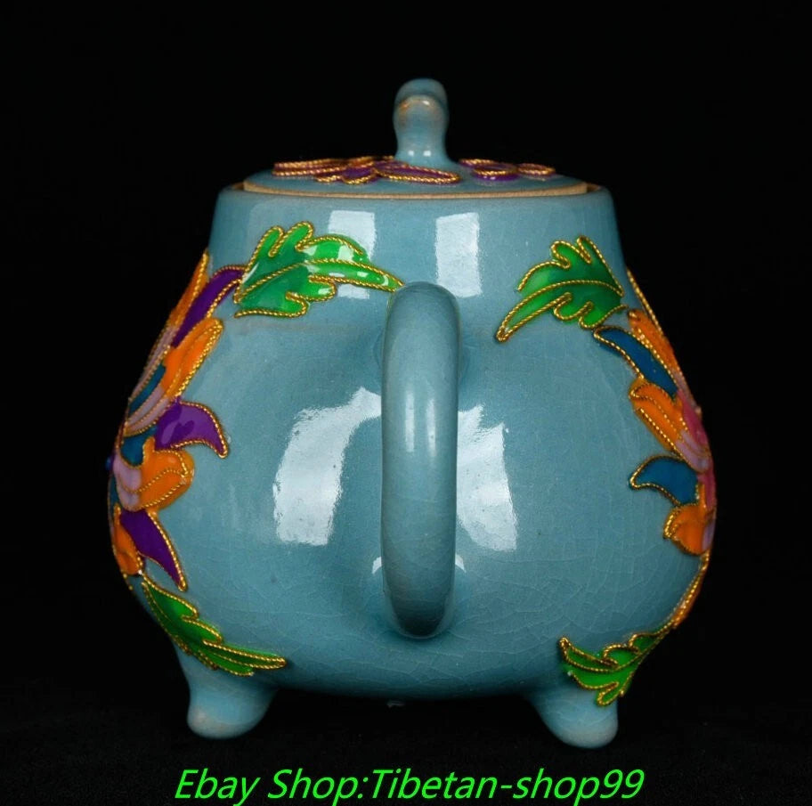 5.7''Old Song Dynasty Ru Kiln Enamel Colour Porcelain 3 leg Wine Tea Pot Flagon