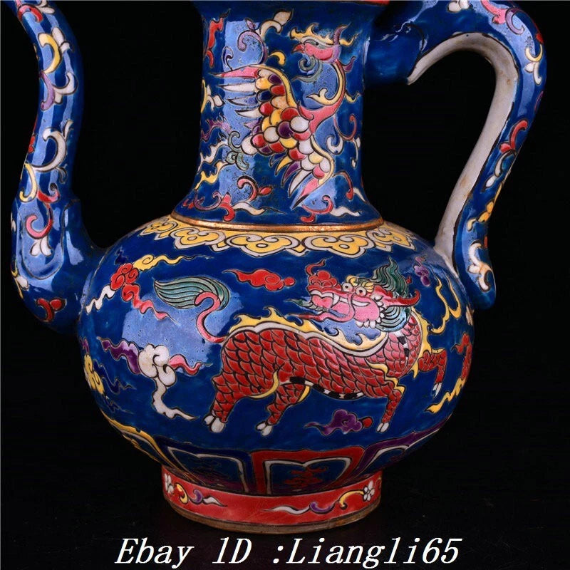 12.5" Enamel Colour Porcelain Gilt Kylin Kirin Phoenix Birds Wine Tea Pot Flagon-