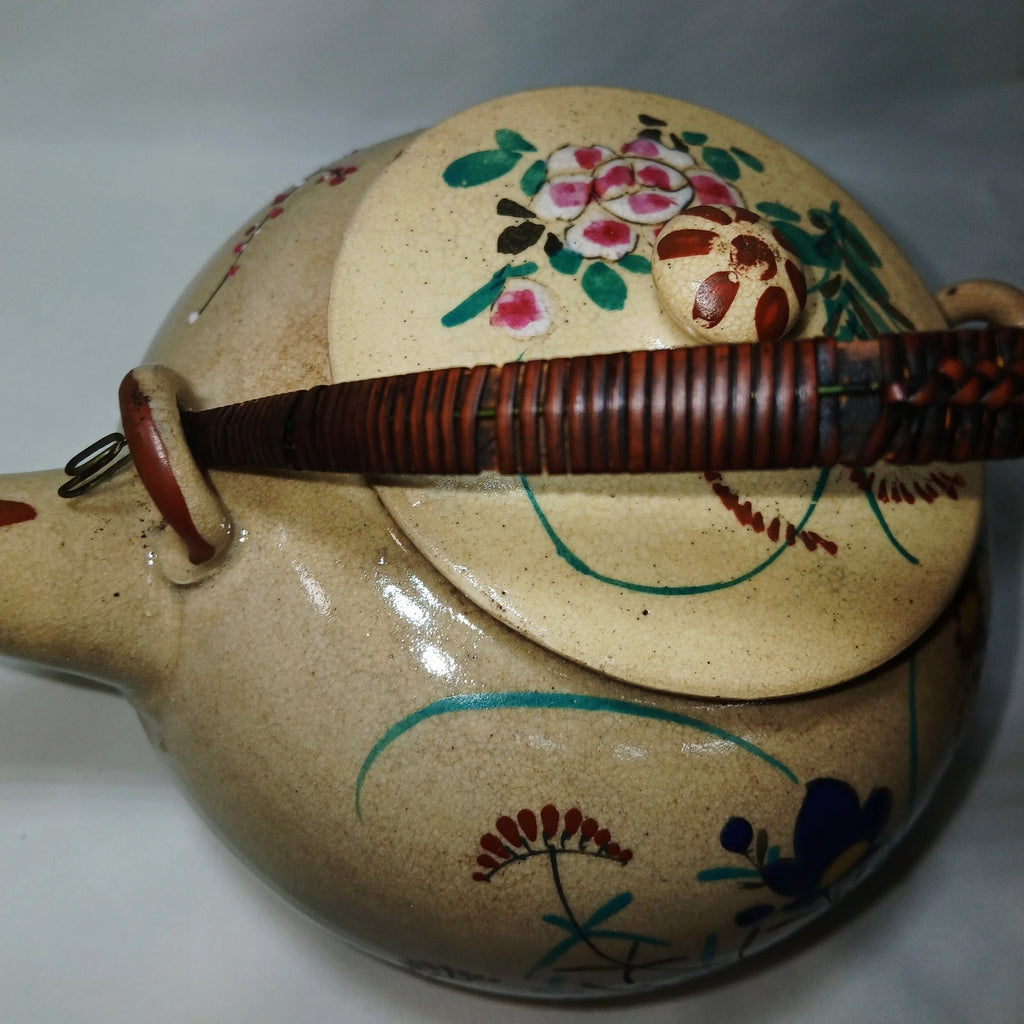 Antique Japanese Yellow Ware Ceramic Famille Rose Raised Enamel Teapot
