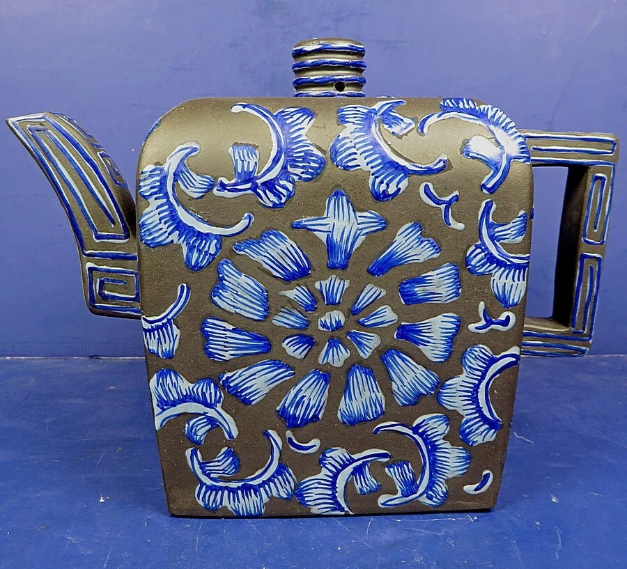 VINTAGE CHINESE YIXING ZISHA CLAY ENAMELED CUBIC FORM TEAPOT