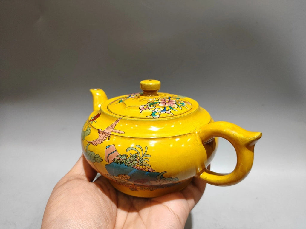 Yixing Purple Teapot Ornament Exquisite Figurine Enamel Painted Floral Motif