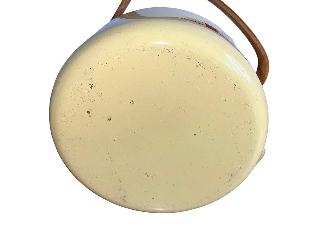 VTG Enamel Coated  Farmhouse Tea Kettle Wooden Handle Cream W/ Red Barn Rooster