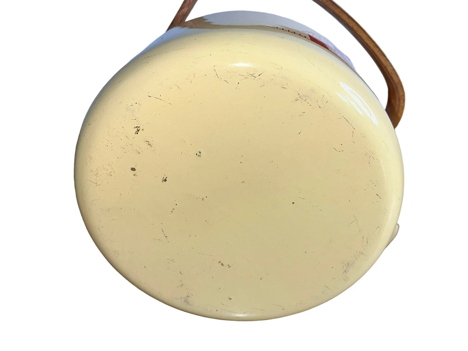 VTG Enamel Coated  Farmhouse Tea Kettle Wooden Handle Cream W/ Red Barn Rooster