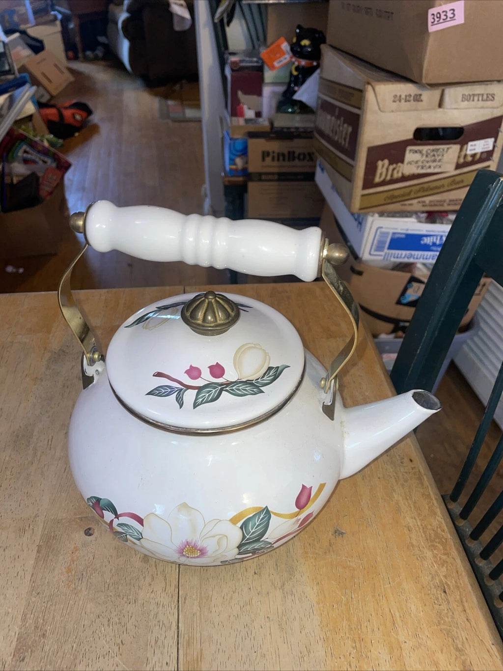 VINTAGE Enamelware Tea Kettle/Pot White/Red Flowers