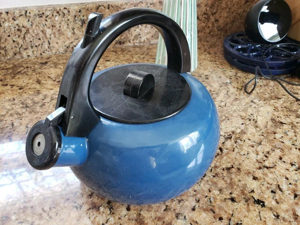Kamenstein Vintage Enamel Blue Tea Kettle Whistling Cute Teapot Made in Japan