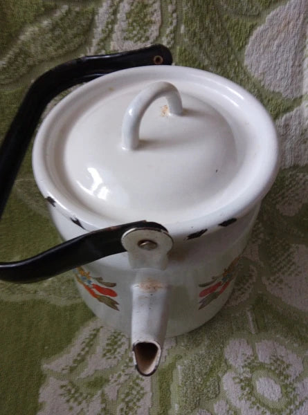 Vintage 70’s Red berries White Enamel Teapot Metal Kettle