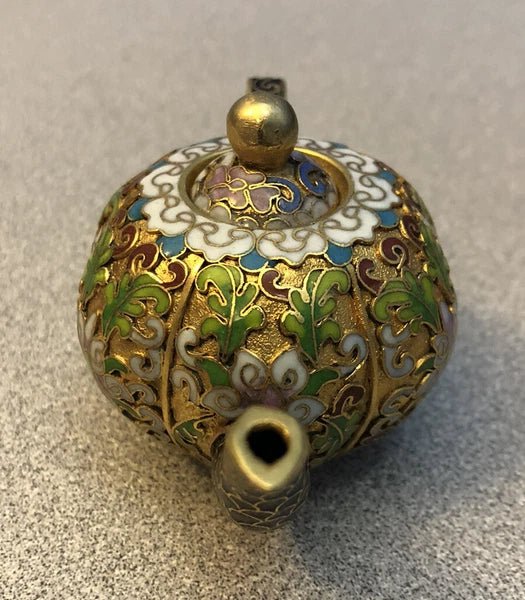 Vintage Cloisonne Enamel and Bronze Small "Pumpkin" Teapot, Black Tip, Pink Top