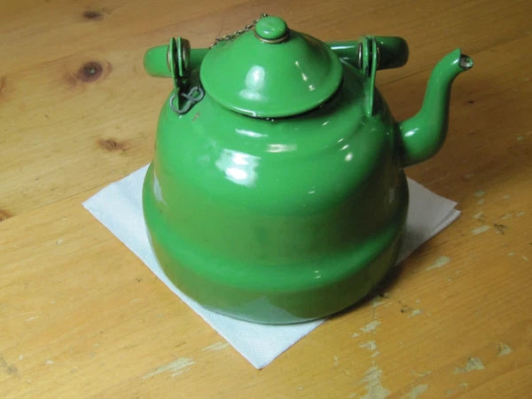 VTG GREEN ENAMEL WARE GRANITE TEAPOT METAL RUSTIC DECOR FARMHOUSE YUGOSLAVIA 14