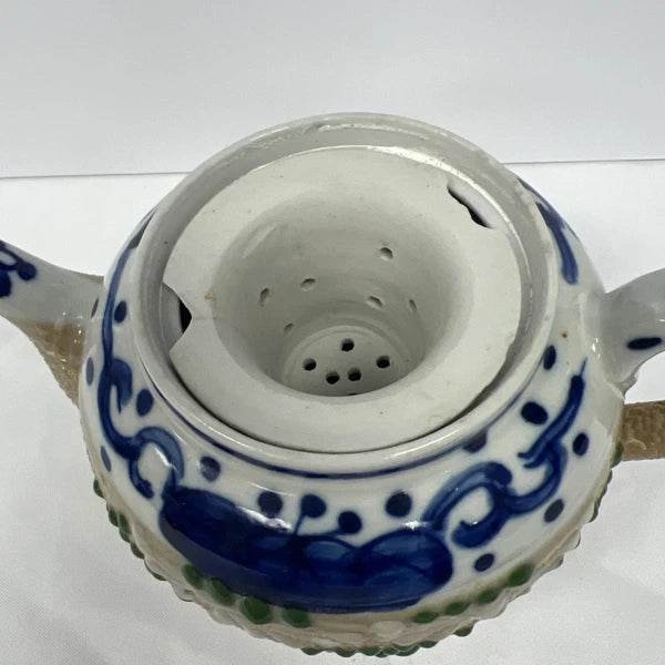 Japanese Pottery Impasto Enamel Decorated Teapot Early 1900's Lid Cracked