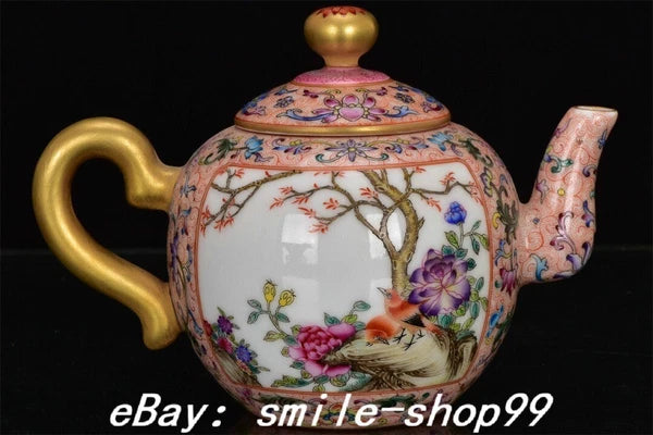 7" Qianlong Dynasty Enamel Colour Porcelain Gilt Fengshui Flower Bird Kettle Pot
