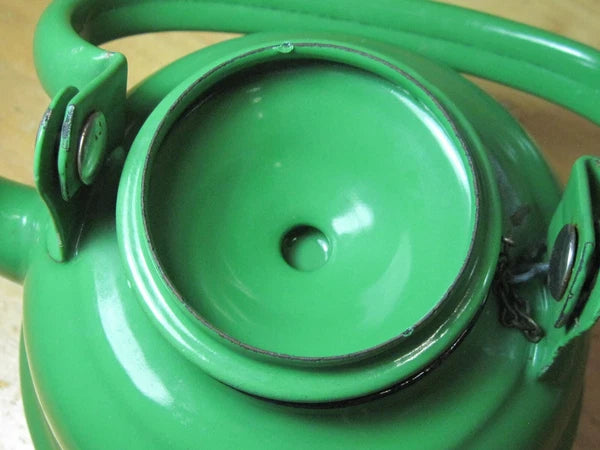 VTG GREEN ENAMEL WARE GRANITE TEAPOT METAL RUSTIC DECOR FARMHOUSE YUGOSLAVIA 14