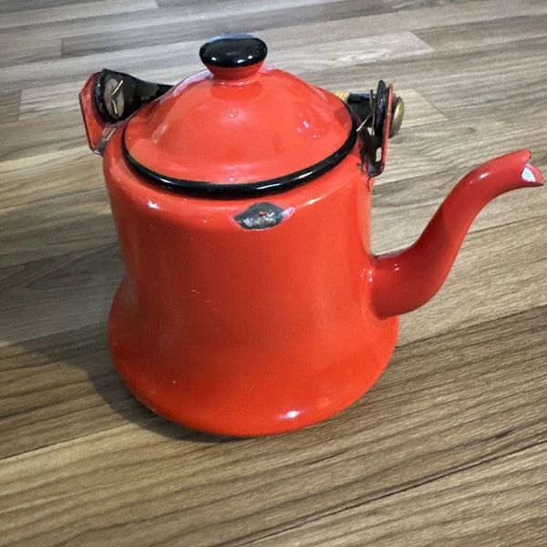 Vintage Midcentury Modern Enamelware Teapot OTTO Japan Bamboo Handle Preowned