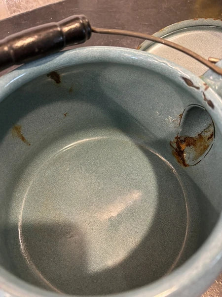 Large Blue Spatterware Enamel Tea Kettle