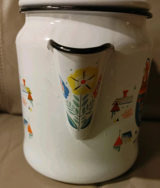 Vintage BERGGREN Enamel Coffee Pot Kettle Swedish Rooster Flower EXQUISITE Shape