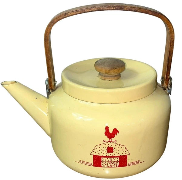 VTG Enamel Coated  Farmhouse Tea Kettle Wooden Handle Cream W/ Red Barn Rooster