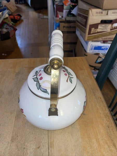 VINTAGE Enamelware Tea Kettle/Pot White/Red Flowers