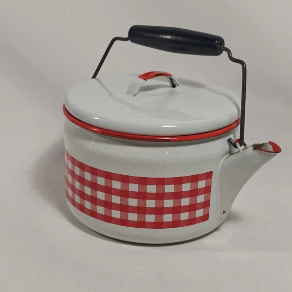 Enamelware Red White Gingham Check Teapot Kettle Metal Rustic Farmhouse Decor