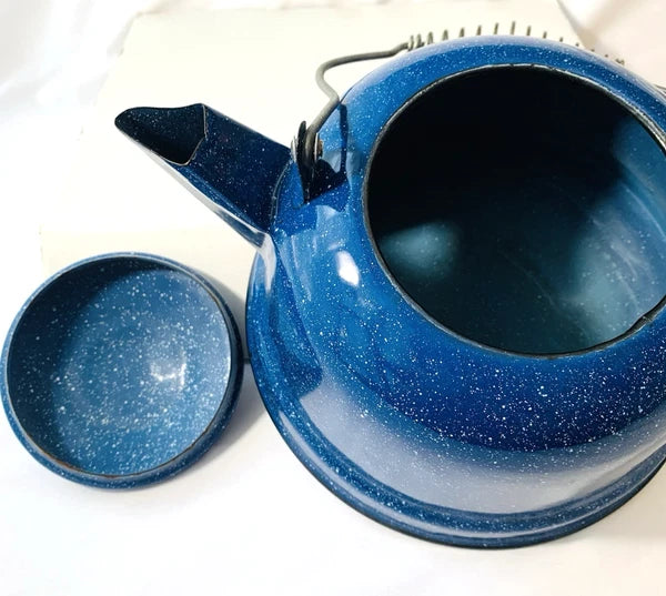 Vintage Cobalt Blue & White Speckled Enamelware Tea Pot Camping Kettle