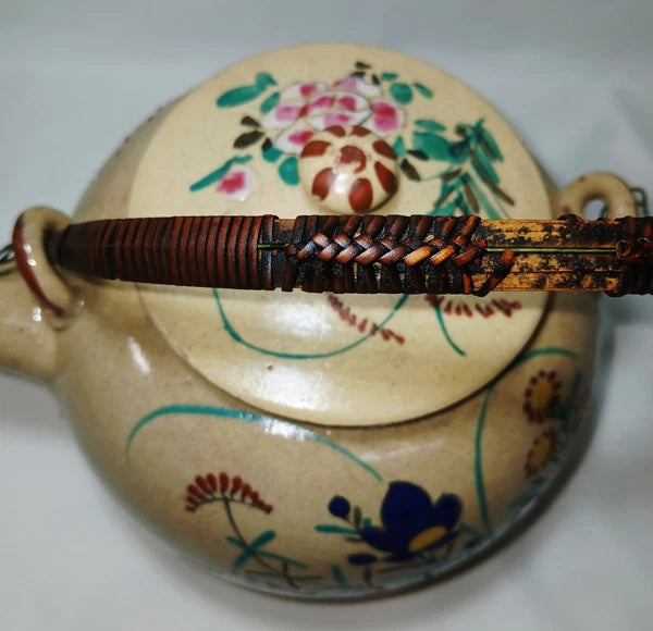 Antique Japanese Yellow Ware Ceramic Famille Rose Raised Enamel Teapot