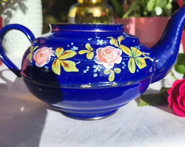 RARE antique enameled belgian Teapot Etoile PEN blue pink roses in relief 1920s