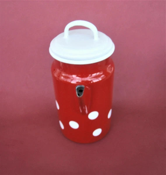 Vintage Munder Email Enamel Tea Pot Red Water Jug with Lid Polka Dots Germany