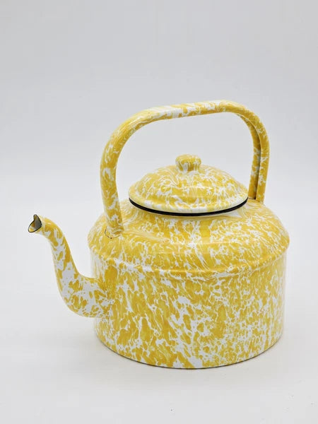Vtg Yellow White Graniteware Spongeware Teapot Kettle W Lid Cottagecore GUC