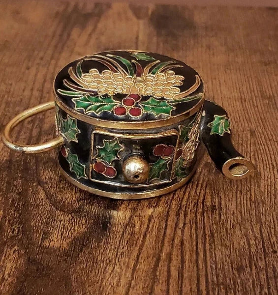 Miniature Decorative Enamel Teapot Black Gold Red Green Cloisonne Holly Berry